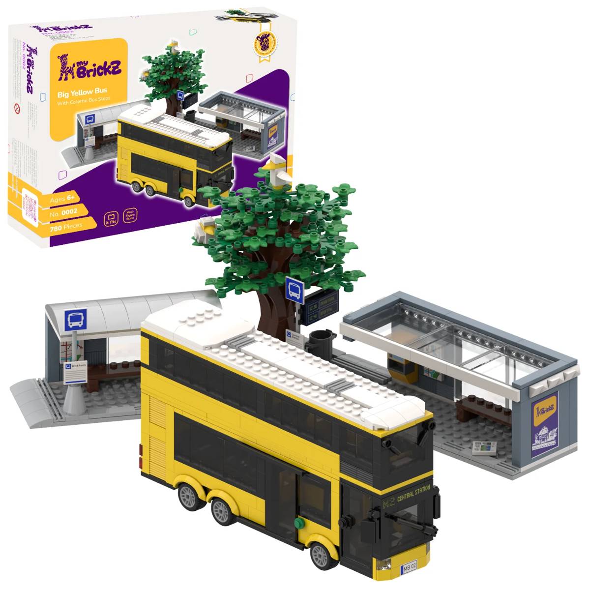 myBrickZ Bus Double Decker with Two Stops and Interchangeable Tree